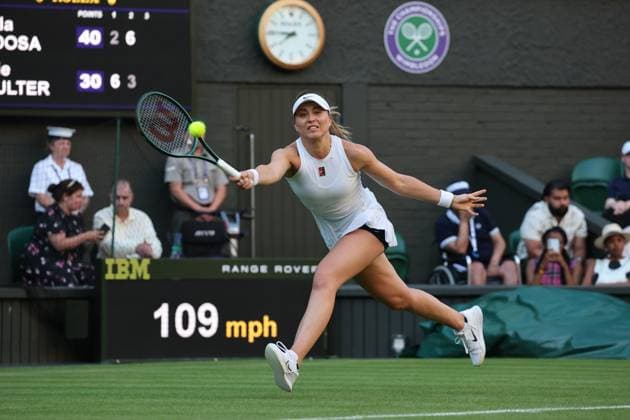 30th June 2025; All England Lawn Tennis and Croquet Club, London, England; Wimbledon Tennis Tournament, Day 1; Paula Badosa (ESP) with a forehand shot to Katie Boulter (GBR)  ActionPlus12807337 JohnxPatrickxFletcher