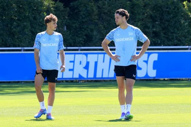DEU, DFL, 2 FBL Hertha BSC, Training, 01 07 2025, Sportforum, Berlin, DEU, DFL, 2 FBL Hertha BSC, Training, im Bild Maurice Krattenmacher Hertha BSC Berlin 14 , Linus Gechter Hertha BSC Berlin 44 DFL regulations prohibit any use of Photographs as image sequences and or quasi video nordphotoxGmbHx xEngler nph00076