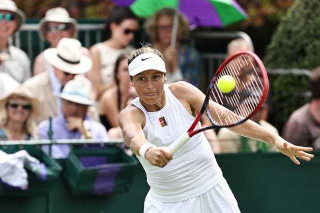 Tatjana Maria, GER, during first round of 2025 All England Lawn Tennis Championships at Wimbledon, womens singles, London, 01 07 2025