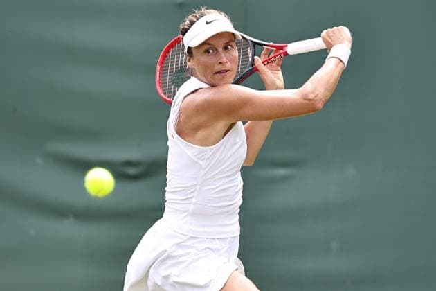Tatjana Maria, GER, during first round of 2025 All England Lawn Tennis Championships at Wimbledon, womens singles, London, 01 07 2025