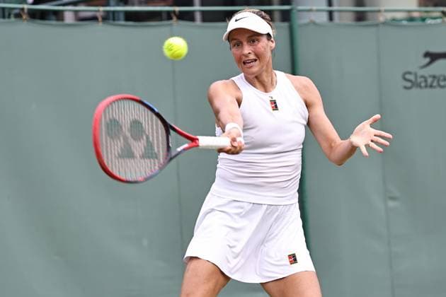 Tatjana Maria, GER, during first round of 2025 All England Lawn Tennis Championships at Wimbledon, womens singles, London, 01 07 2025