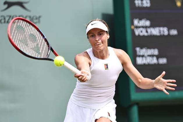 Tatjana Maria, GER, during first round of 2025 All England Lawn Tennis Championships at Wimbledon, womens singles, London, 01 07 2025