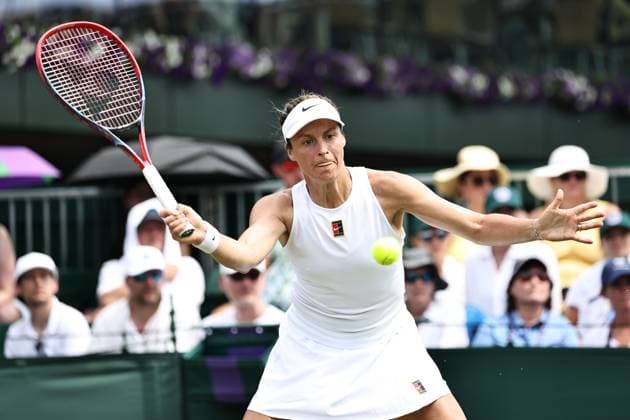 Tatjana Maria, GER, during first round of 2025 All England Lawn Tennis Championships at Wimbledon, womens singles, London, 01 07 2025