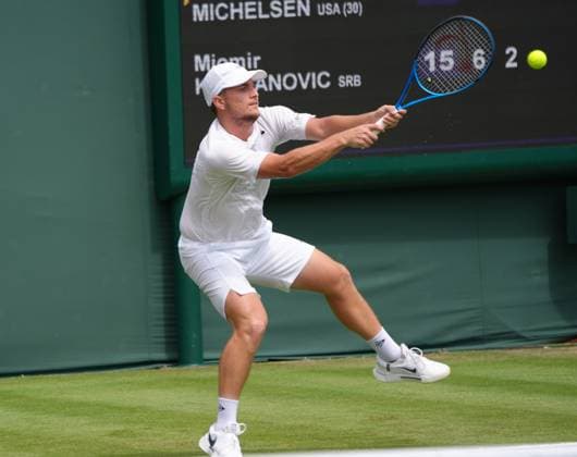 Tennis - 2025 Wimbledon Championships - Men™s Singles - Round One - Match Johannus Monday v Tommy Paul - All England Lawn Tennis & Croquet Club - Tuesday 1st July 2025 Johannus Monday 