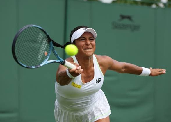 1st July 2025; All England Lawn Tennis and Croquet Club, London, England; Wimbledon Tennis Tournament, Day 2; Heather Watson (GBR) with a forehand shot to Clara Tauson (DEN)  ActionPlus12807370 JohnxPatrickxFletcher