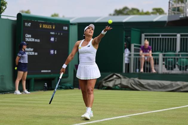 1st July 2025; All England Lawn Tennis and Croquet Club, London, England; Wimbledon Tennis Tournament, Day 2; Heather Watson (GBR) serves to Clara Tauson (DEN)  ActionPlus12807406 JohnxPatrickxFletcher