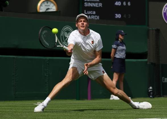 1st July 2025; All England Lawn Tennis and Croquet Club, London, England; Wimbledon Tennis Tournament, Day 2; Jannik Sinner (ITA) with a forehand shot to Luca Nardi (ITA)  ActionPlus12807508 JohnxPatrickxFletcher