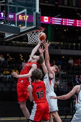 Lausanne, Switzerland, July 1st 2025: Matthew Dann (12 Canada) fighting for a rebound during the FIBA U19 Basketball World Cup 2025 group stage game between Germany and Canada at Vaudoise Arena in Lausanne, Switzerland. (Pierre-Adrien Lagrange SPP) Copyright: xPierre-AdrienxLagrangex xSPPx spp-en-PiLaSp-PAL-GER-CAN-FIBAU19-20250701-7