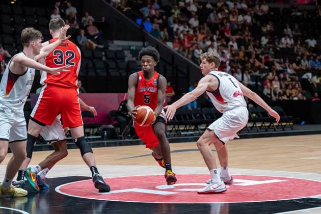 Lausanne, Switzerland, July 1st 2025: Adriel Nyhora (5 Canada) driving to the rim during the FIBA U19 Basketball World Cup 2025 group stage game between Germany and Canada at Vaudoise Arena in Lausanne, Switzerland. (Pierre-Adrien Lagrange SPP) Copyright: xPierre-AdrienxLagrangex xSPPx spp-en-PiLaSp-PAL-GER-CAN-FIBAU19-20250701-30