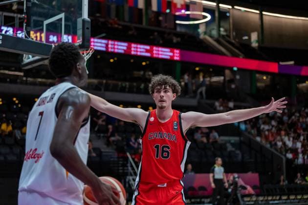 Lausanne, Switzerland, July 1st 2025: Spencer Ahrens (16 Canada) disturbing Declan Duru (7 Germany) during the FIBA U19 Basketball World Cup 2025 group stage game between Germany and Canada at Vaudoise Arena in Lausanne, Switzerland. (Pierre-Adrien Lagrange SPP) Copyright: xPierre-AdrienxLagrangex xSPPx spp-en-PiLaSp-PAL-GER-CAN-FIBAU19-20250701-38
