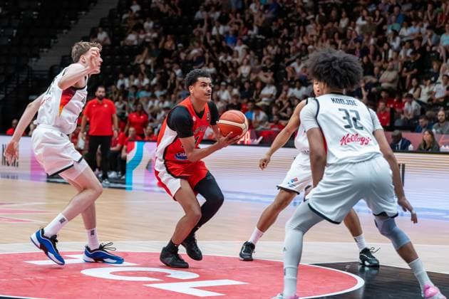Lausanne, Switzerland, July 1st 2025: Abdul Aziz Olajuwon (24 Canada) driving to the rim during the FIBA U19 Basketball World Cup 2025 group stage game between Germany and Canada at Vaudoise Arena in Lausanne, Switzerland. (Pierre-Adrien Lagrange SPP) Copyright: xPierre-AdrienxLagrangex xSPPx spp-en-PiLaSp-PAL-GER-CAN-FIBAU19-20250701-43