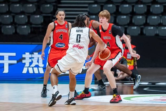 Lausanne, Switzerland, July 1st 2025: Maxime Meyer (14 Canada) trying to defend against Jack Kayil (0 Germany) during the FIBA U19 Basketball World Cup 2025 group stage game between Germany and Canada at Vaudoise Arena in Lausanne, Switzerland. (Pierre-Adrien Lagrange SPP) Copyright: xPierre-AdrienxLagrangex xSPPx spp-en-PiLaSp-PAL-GER-CAN-FIBAU19-20250701-49