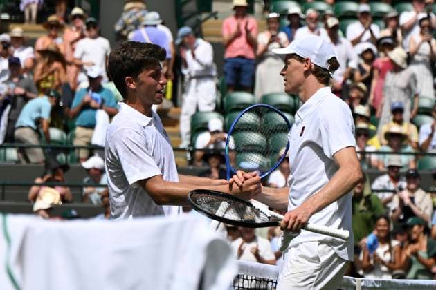 Jannik Sinner and Lucas Mardi after the Wimbledon 2025 Men?s Singles first round tennis match between Jannik Sinner and Luca Nardi at the All England Tennis Club in London, England. (Richard Callis Sports Press Photo SPP) Copyright: xRichardxCallis SportsxPressxPhotox xSPPx spp-en-RiCaPrPh-SPP25_RMFC_300625_17914