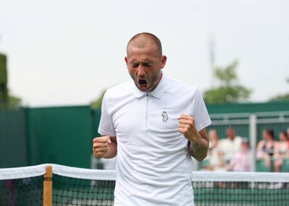 1st July 2025; All England Lawn Tennis and Croquet Club, London, England; Wimbledon Tennis Tournament, Day 2; Daniel Evans (GBR) celebrates after defeating Jay Clarke (GBR) in straight sets to reach the second round  ActionPlus12807555 JohnxPatrickxFletcher