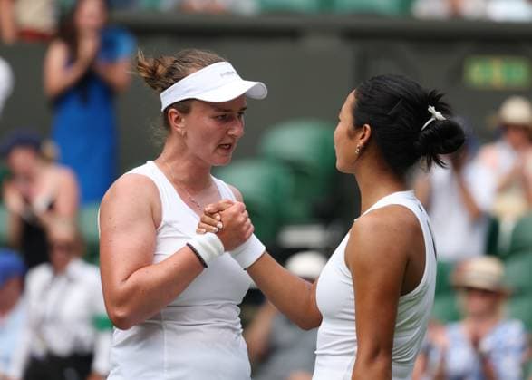 1st July 2025; All England Lawn Tennis and Croquet Club, London, England; Wimbledon Tennis Tournament, Day 2; Barbora Krejcikova (CZE) consoles Alexandra Eala (PHI) after defeating the Philippine to reach the next round  ActionPlus12807572 JohnxPatrickxFletcher