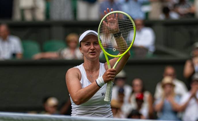 Tennis - Wimbledon Championship 2025 - Day 2 LONDON, ENGLAND - Tuesday, July 1, 2025: Barbora Krejcikova (CZE) celebrates after winning during the Ladies Singles 1st Round on Day Two of The Championships Wimbledon 2025 at the All England Lawn Tennis and Croquet Club. (Photo by Kirsten Holst Propaganda) LONDON All England Lawn Tennis and Croquet Club GREATER LONDON ENGLAND  Copyright: xKirstenxHolstx 2025-07-01-079-Wimbledon_Day_2