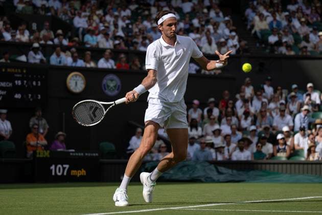 Day Two: The Championships - Wimbledon 2025 LONDON, ENGLAND - JULY 1: Arthur Rinderknech of France in action against Alexander Zverev of Germany (not pictured) during the Gentlemen s Singles first round match on day two of The Championships Wimbledon 2025 at All England Lawn Tennis and Croquet Club on July 1, 2025 in London, England. Arthur Rinderknech London All England Lawn Tennis and Croq England United Kingdom Copyright: xVisionhausx 776301250