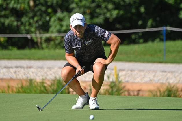 Nicolai von Dellingshausen GER , reads the green, action,single action,single image,cropped image,full body shot,whole figure ProAm ,GOLF BMW International Open 2025 on 02 07 2025 at Golfclub Muenchen Eichenried