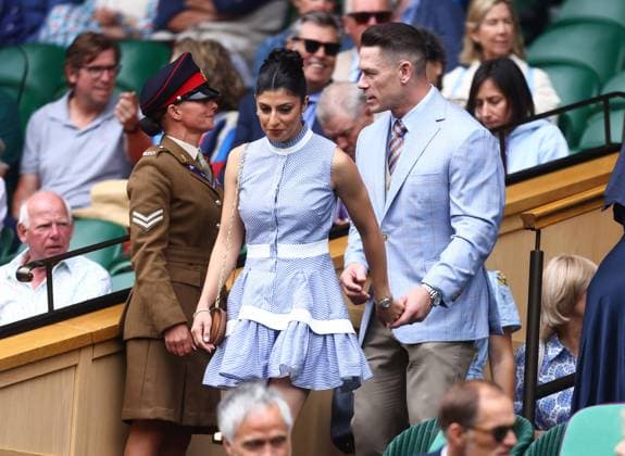 Wimbledon Championships 2025 AELTC, Day Two, London, UK - 02 07 2025 Former Professional Wrestler John Cena and his wife Shay are directed to their seats in the Royal Box at Wimbledon on day three of the Championships London Wimbledon London GBR, UK NEWSPAPERS OUT Copyright: xMarkxGreenwoodx