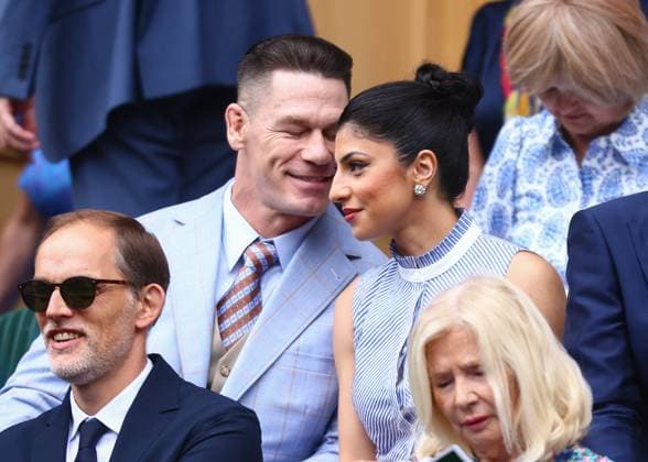 Wimbledon Championships 2025 AELTC, Day Two, London, UK - 02 07 2025 Former Professional Wrestler John Cena and his wife Shay take their seats in the Royal Box at Wimbledon on day three of the Championships London Wimbledon London GBR, UK NEWSPAPERS OUT Copyright: xMarkxGreenwoodx