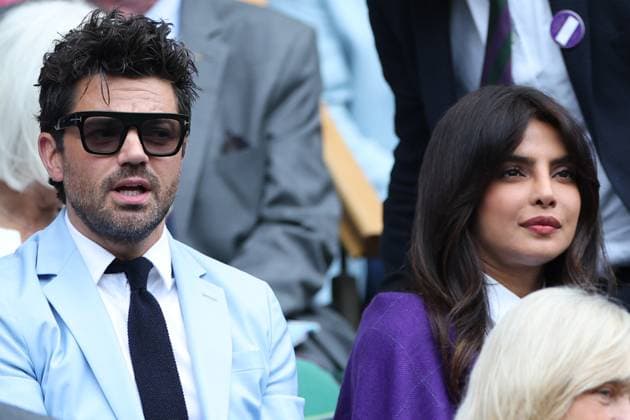 July 2, 2025, London, Celestynow, England: DOMINIC COOPER PRIYANKA CHOPRA in the Royal Box during the match A. Sabalenka against M. Bouzkova in the second round of Championships 2025 at Wimbledon AELTC in London. London England - ZUMAc278 20250702_zsp_c278_044 Copyright: xMarcinxCholewinskix