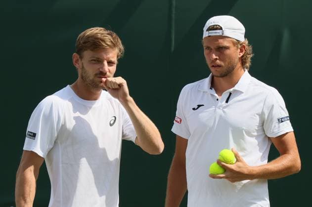 Belgian David Goffin and Luxembourgish Gilles Muller pictured in action during a doubles tennis match with Belgian-German pair Goffin - Muller against Colombian-Indian pair Barrientos - Bollipalli, in the first round of the men s doubles at the 2025 Wimbledon grand slam tournament, Wednesday 02 July 2025 at the All England Tennis Club, in South-West London, Britain. BENOITxDOPPAGNE  x128271052x