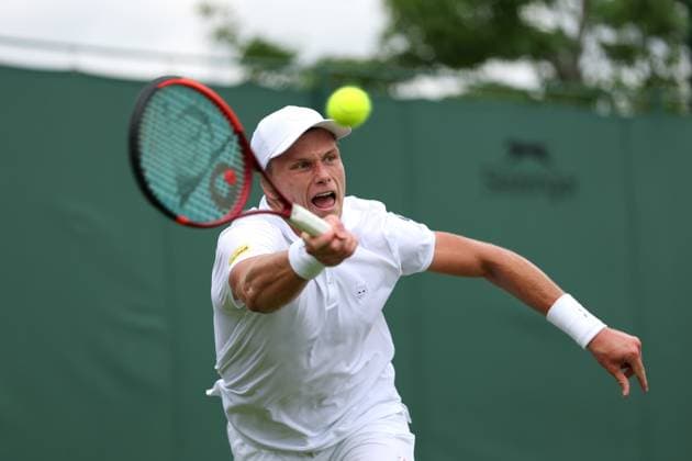 2nd July 2025; All England Lawn Tennis and Croquet Club, London, England; Wimbledon Tennis Tournament, Day 3; Jenson Brooksby (USA) with a forehand shot to Joao Fonseca (BRA)  ActionPlus12807891 JohnxPatrickxFletcher
