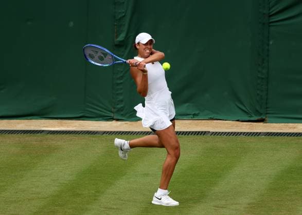 2nd July 2025; All England Lawn Tennis and Croquet Club, London, England; Wimbledon Tennis Tournament, Day 3; Madison Keys (USA) with a backhand shot to Olga Danilovic (SRB)  ActionPlus12807867 JohnxPatrickxFletcher