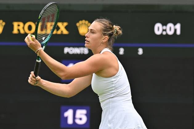 Wimbledon Tennis Championships - Day 3 LONDON, UNITED KINGDOM - July 02: Aryna Sabalenka plays in the Ladies singles second round match against Marie Bouzkova of the Czech Republic (not seen) during day three of The Championships Wimbledon 2025 at All England Lawn Tennis and Croquet Club on July 02, 2025 in London, England. Ray Tang Anadolu London United Kingdom. Editorial use only. Please get in touch for any other usage.  Copyright: x2025xAnadoluxRayxTangx