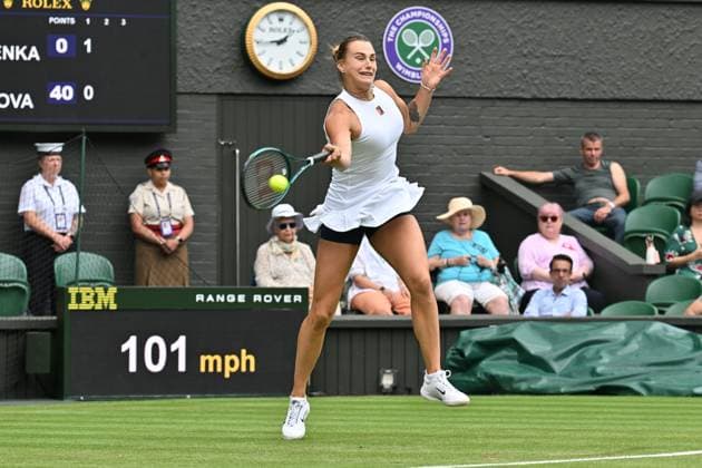 Wimbledon Tennis Championships - Day 3 LONDON, UNITED KINGDOM - July 02: Aryna Sabalenka plays in the Ladies singles second round match against Marie Bouzkova of the Czech Republic (not seen) during day three of The Championships Wimbledon 2025 at All England Lawn Tennis and Croquet Club on July 02, 2025 in London, England. Ray Tang Anadolu London United Kingdom. Editorial use only. Please get in touch for any other usage.  Copyright: x2025xAnadoluxRayxTangx