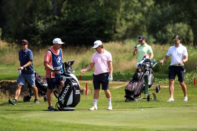 BMW International Open, Eichenried, 02 07 2025 Golf, BMW International Open, Eichenried, 02 07 2025, ProAm Tournament Picture The group with Darius van Driel professional golfer , Tobias Wendl luger , Tobias Arlt luger , Michael Greis former biathlete Copyright: xBEAUTIFULxSPORTS NilsxKoepkex