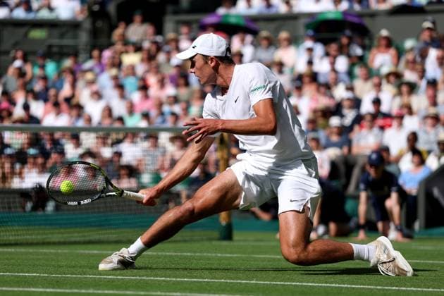 2nd July 2025; All England Lawn Tennis and Croquet Club, London, England; Wimbledon Tennis Tournament, Day 3; Oliver Tarvet (GBR) with a backhand shot to Carlos Alcaraz (ESP)  ActionPlus12807999 JohnxPatrickxFletcher