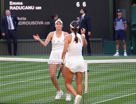 Tennis - 2025 Wimbledon Championships - Women™s Singles - Round Two - Emma Raducanu v Marketa Vondrousova All England Lawn Tennis & Croquet Club - Wednesday 2nd July 2025 Emma Raducanu of GBR at the net after winning the match 
