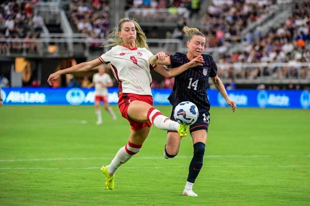 Washington D.C., United States, June 28, 2025: Jordyn Huitema (9 Canada) and Emily Sonnett (14 United States) during the International Friendly, Länderspiel, Nationalmannschaft match between United States of America and Canada at Audi Field in Washington D.C., United States (EDITORIAL USAGE ONLY). (Rebekah Wynkoop SPP) Copyright: xRebekahxWynkoopx xSPPx spp-en-ReWySp-424