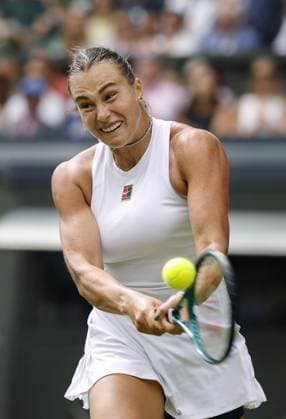 Tennis: Wimbledon championships Aryna Sabalenka from Belarus plays against Marie Bouzkova of the Czech Republic in the women s singles second round at the Wimbledon tennis tournament in London on July 2, 2025.  A14AA0004698930P