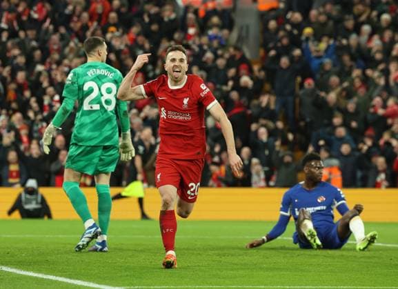 Liverpool v Chelsea Premier League Anfield 31.01.2024. Liverpool v Chelsea, Premier League, Anfield, Liverpool. Times Photographer Bradley Ormesher. Diogo Jota of Liverpool scores 1-0  Copyright: xBradleyxOrmesherx NINTCHDBPICT000875922043