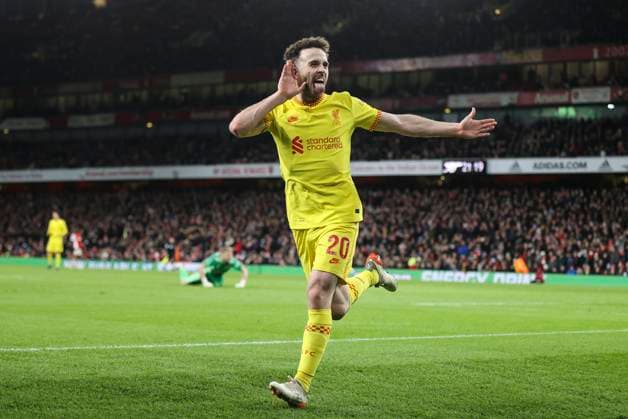 Arsenal v Liverpool Diogo Jota of Liverpool scores and celebrates 0-2 Arsenal v Liverpool Emirates Stadium Photograph By Marc Aspland The Times  Copyright: xMarcxAsplandx NINTCHDBPICT000706397444
