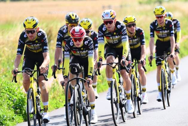 Tour de France 2025 03 07 2025 LILLE METROPOLE, FRANCE - JULY 03 : Benoot Tiesj (BEL) of Team Visma - Lease a Bike, Vingegaard Jonas (DEN) of Team Visma - Lease a Bike, Van Aert Wout (BEL) of Team Visma - Lease a Bike pictured during a training session ahead of the 112th edition of Tour de France an UCI World Tour 2.UWT cycling road race stage for Men Elite on July 3, 2025 in Lille Metropole, France, 03 07 2025 ( Motordriver Kenny Verfaillie - Lille Metropole France  Copyright: xVincentxKalutx