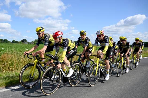 Tour de France 2025 03 07 2025 LILLE METROPOLE, FRANCE - JULY 03 : Benoot Tiesj (BEL) of Team Visma - Lease a Bike, Vingegaard Jonas (DEN) of Team Visma - Lease a Bike, Van Aert Wout (BEL) of Team Visma - Lease a Bike pictured during a training session ahead of the 112th edition of Tour de France an UCI World Tour 2.UWT cycling road race stage for Men Elite on July 3, 2025 in Lille Metropole, France, 03 07 2025 ( Motordriver Kenny Verfaillie - Lille Metropole France  Copyright: xVincentxKalutx