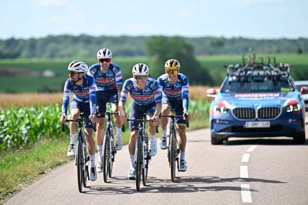 Tour de France 2025 03 07 2025 LILLE METROPOLE, FRANCE - JULY 03 : Paret-Peintre Valentin (FRA) of Soudal - Quick Step, Van Wilder Ilan (BEL) of Soudal - Quick Step, Cattaneo Mattia (ITA) of Soudal - Quick Step, Evenepoel Remco (BEL) of Soudal - Quick Step pictured during a training session ahead of the 112th edition of Tour de France an UCI World Tour 2.UWT cycling road race stage for Men Elite on July 3, 2025 in Lille Metropole, France, 03 07 2025 ( Motordriver Kenny Verfaillie - Lille Metropole France  Copyright: xJanxDexMeuleneirx