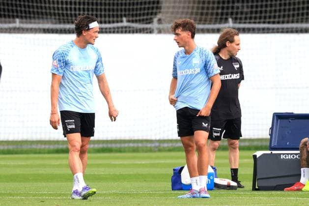 DEU, DFL, 2 FBL Hertha BSC, Training, 03 07 2025, Sportforum, Berlin, DEU, DFL, 2 FBL Hertha BSC, Training, im Bild Fabian Reese Hertha BSC Berlin 11 , Maurice Krattenmacher Hertha BSC Berlin 14 DFL regulations prohibit any use of Photographs as image sequences and or quasi video nordphotoxGmbHx xEngler nph00076