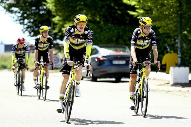 American Matteo Jorgenson of Team Visma-Lease a Bike and Belgian Tiesj Benoot of Team Visma-Lease a Bike pictured in action during a training ahead of the 2025 Tour de France cycling race, in Lille, France, on Thursday 03 July 2025. The 112th edition of the Tour de France starts on Saturday 5 July in Lille, France, and will finish in Paris, France on the 27th of July. DAVIDxPINTENS  x128341914x