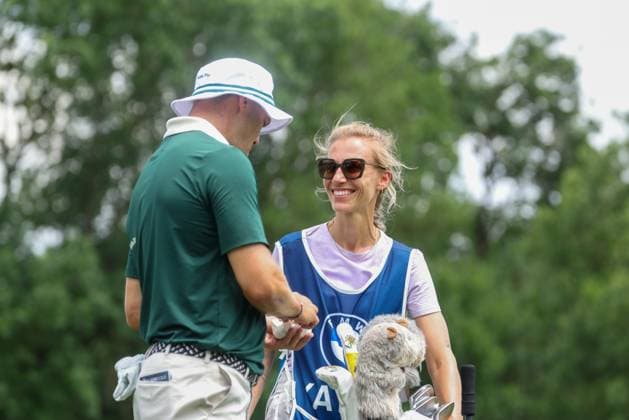 Wife Irene Scholz Caddy and Martin Kaymer GER , 36 BMW International Open 2025, Golf, DP World Tour, Men, Round 1, 03 07 2025 Eichenried Bayern Germany Copyright: xkolbert-press ChristianxKolbertx