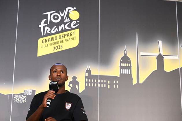 Tour de France 2025 03 07 2025 LILLE METROPOLE, FRANCE - JULY 03 : Girmay Biniam (ERI) of Intermarche - Wanty talking to the press during a press conference, PK, Pressekonferenz and media activities ahead of the 112th edition of Tour de France an UCI World Tour 2.UWT cycling road race stage for Men Elite on July 3, 2025 in Lille Metropole, France, 03 07 2025 ( Motordriver Kenny Verfaillie - Lille Metropole France  Copyright: xVincentxKalutx