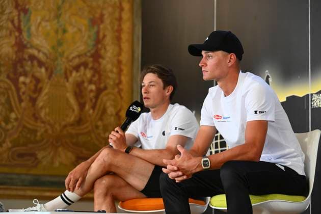 Tour de France 2025 03 07 2025 LILLE METROPOLE, FRANCE - JULY 03 : Philipsen Jasper (BEL) of Alpecin-Deceuninck and Van Der Poel Mathieu (NED) of Alpecin-Deceuninck talking to the press during a press conference, PK, Pressekonferenz and media activities ahead of the 112th edition of Tour de France an UCI World Tour 2.UWT cycling road race stage for Men Elite on July 3, 2025 in Lille Metropole, France, 03 07 2025 ( Motordriver Kenny Verfaillie - Lille Metropole France  Copyright: xVincentxKalutx