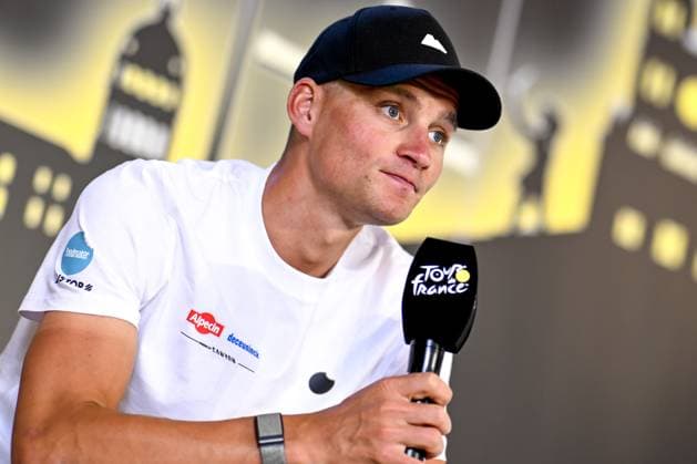 Dutch Mathieu van der Poel of Alpecin-Deceuninck pictured during a press conference, PK, Pressekonferenz of the headliners of the Tour de France 2025 cycling race, Thursday 03 July 2025, in Lille, France. The 112th edition of the Tour de France starts on Saturday 5 July in Lille, France, and will finish in Paris, France on the 27th of July. JASPERxJACOBS  x128356247x