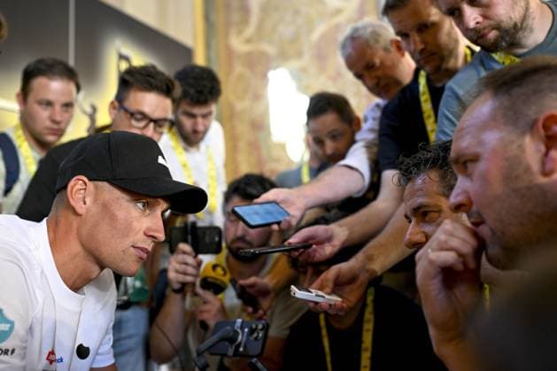 Dutch Mathieu van der Poel of Alpecin-Deceuninck pictured during a press conference, PK, Pressekonferenz of the headliners of the Tour de France 2025 cycling race, Thursday 03 July 2025, in Lille, France. The 112th edition of the Tour de France starts on Saturday 5 July in Lille, France, and will finish in Paris, France on the 27th of July. JASPERxJACOBS  x128357633x