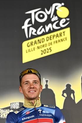Belgian Remco Evenepoel of Soudal Quick-Step pictured during a press conference, PK, Pressekonferenz of the headliners of the Tour de France 2025 cycling race, Thursday 03 July 2025, in Lille, France. The 112th edition of the Tour de France starts on Saturday 5 July in Lille, France, and will finish in Paris, France on the 27th of July. JASPERxJACOBS  x128361962x