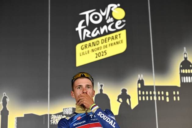 Belgian Remco Evenepoel of Soudal Quick-Step pictured during a press conference, PK, Pressekonferenz of the headliners of the Tour de France 2025 cycling race, Thursday 03 July 2025, in Lille, France. The 112th edition of the Tour de France starts on Saturday 5 July in Lille, France, and will finish in Paris, France on the 27th of July. JASPERxJACOBS  x128361963x