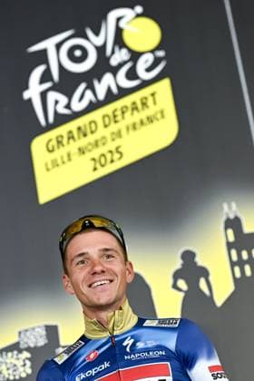 Belgian Remco Evenepoel of Soudal Quick-Step pictured during a press conference, PK, Pressekonferenz of the headliners of the Tour de France 2025 cycling race, Thursday 03 July 2025, in Lille, France. The 112th edition of the Tour de France starts on Saturday 5 July in Lille, France, and will finish in Paris, France on the 27th of July. JASPERxJACOBS  x128362043x